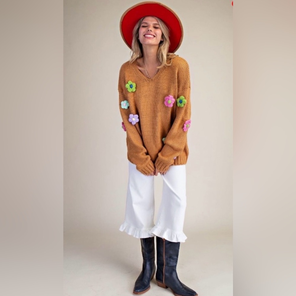 #902 Chic Floral Knit Sweater in Tan - Picture 3 of 6